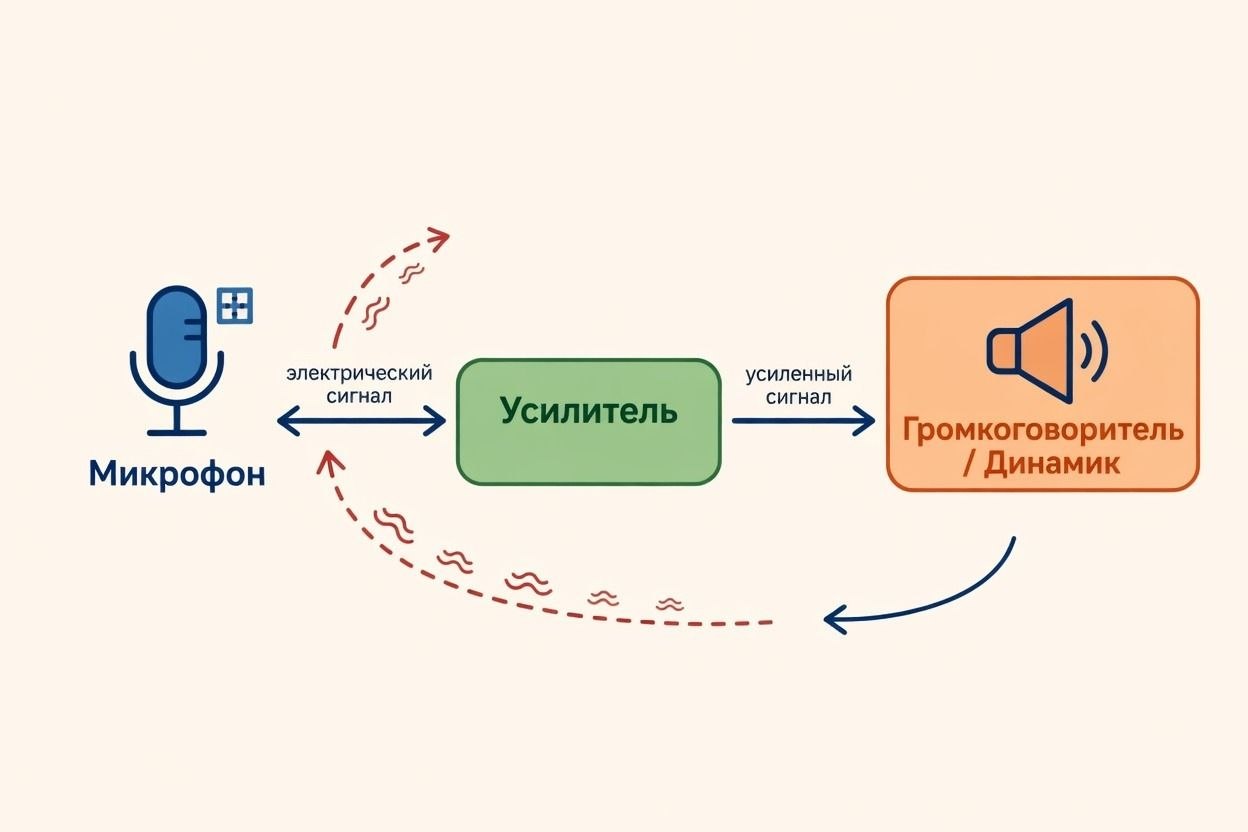 Схема акустической обратной связи: микрофон → усилитель → колонка → микрофон